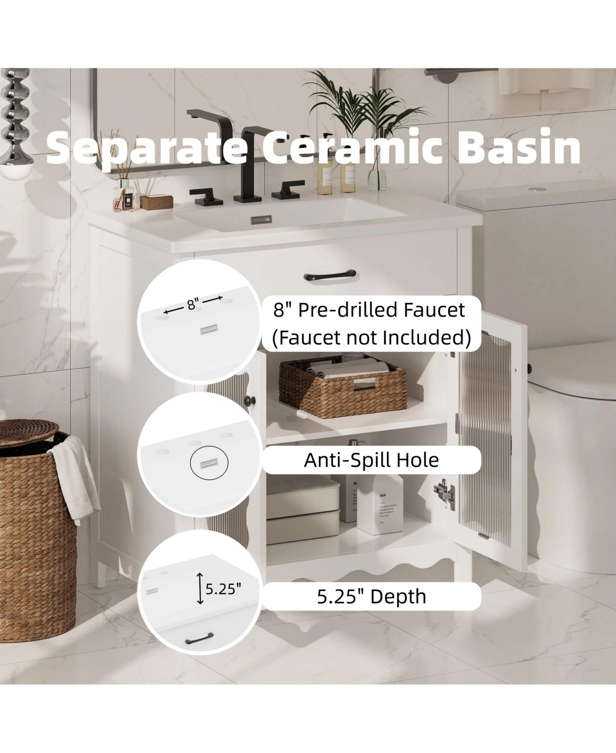 Phying 30 Inch Small Bathroom Friendly Vanity Modern Tempered Glass Cabinet with Rubber Wood Legs and Soft Close Storage Doors