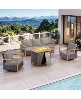 4 Pieces Patio Furniture Set with Propane Fire Pit Table, Deep Seating Wicker Sofa Couch with Swivel Glider Chairs Set Patio Conversation Set