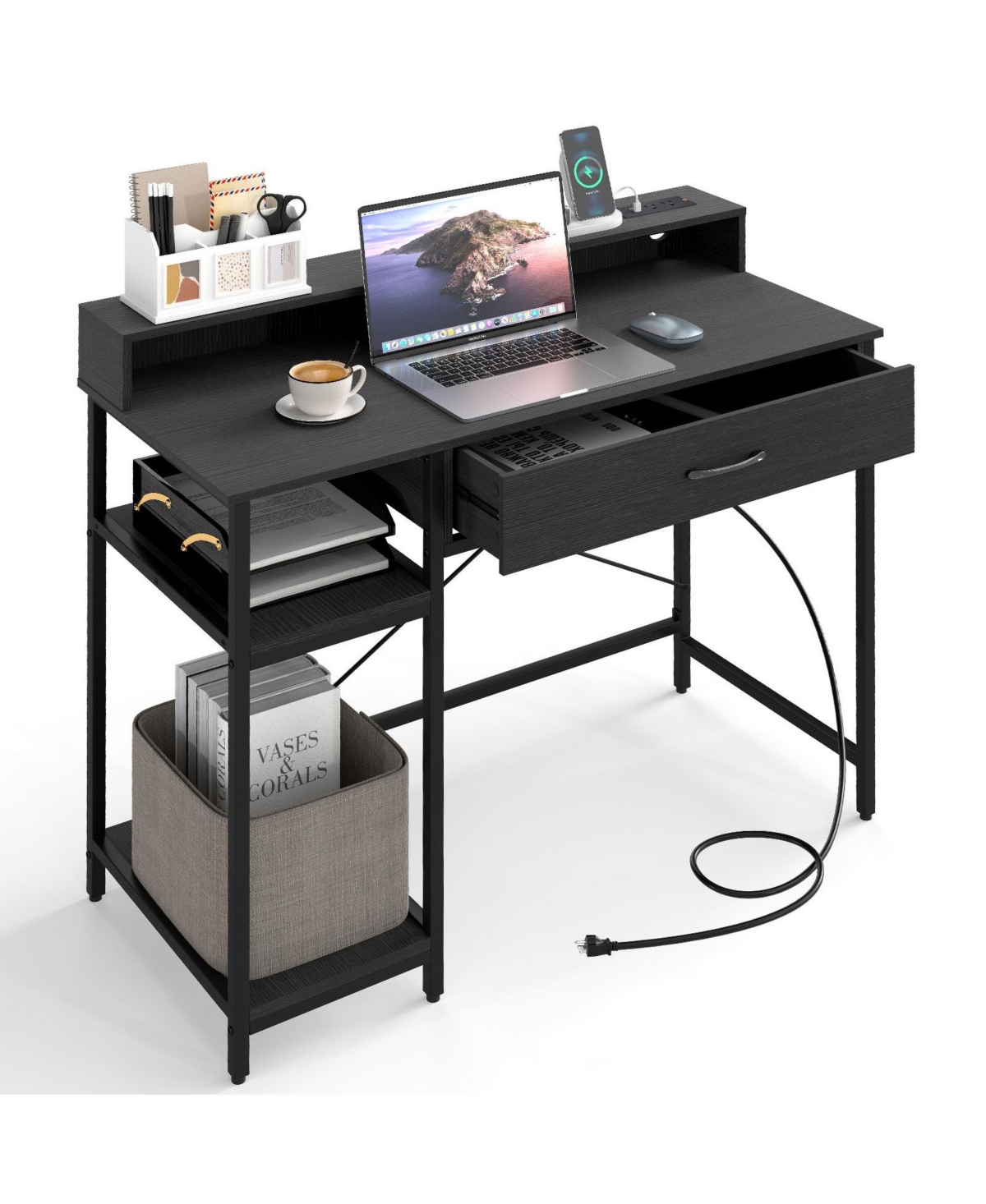 Slickblue 42 Inch Computer Desk with Power Outlets and Storage Hutch