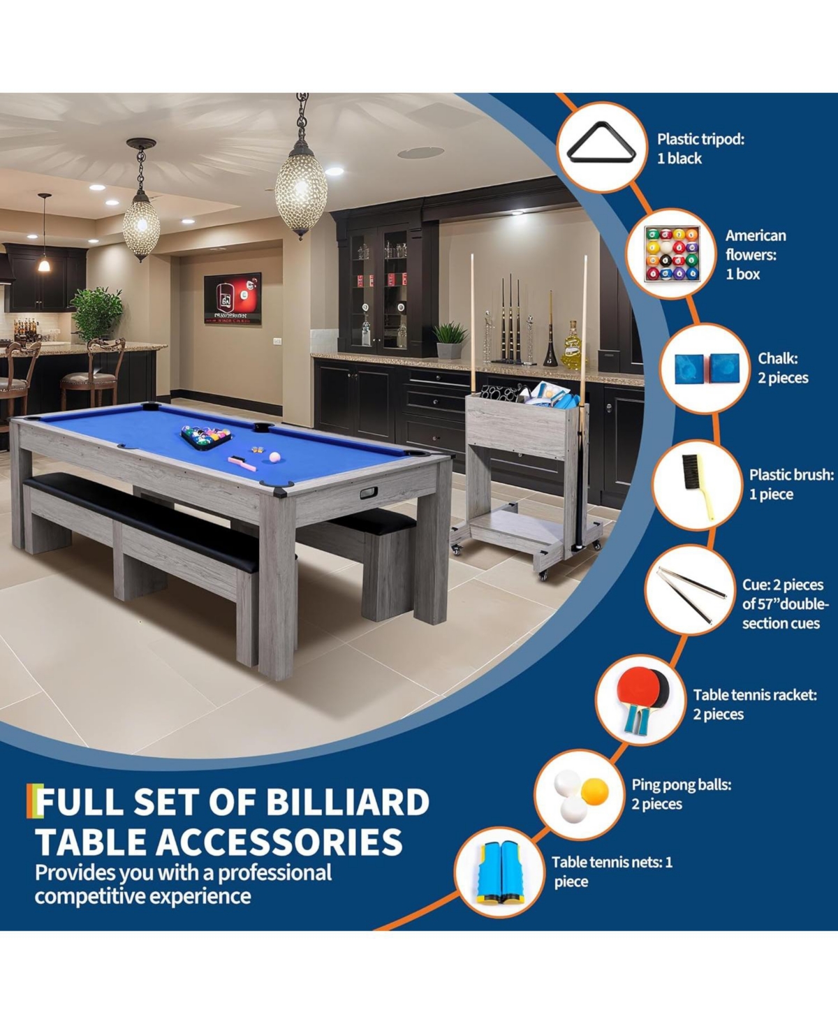 Xo 7FT 3-in-1 Pool Table Dining Combo, Billiard Table with Ping Pong Top and Accessories, Space-Saving Family Game Table
