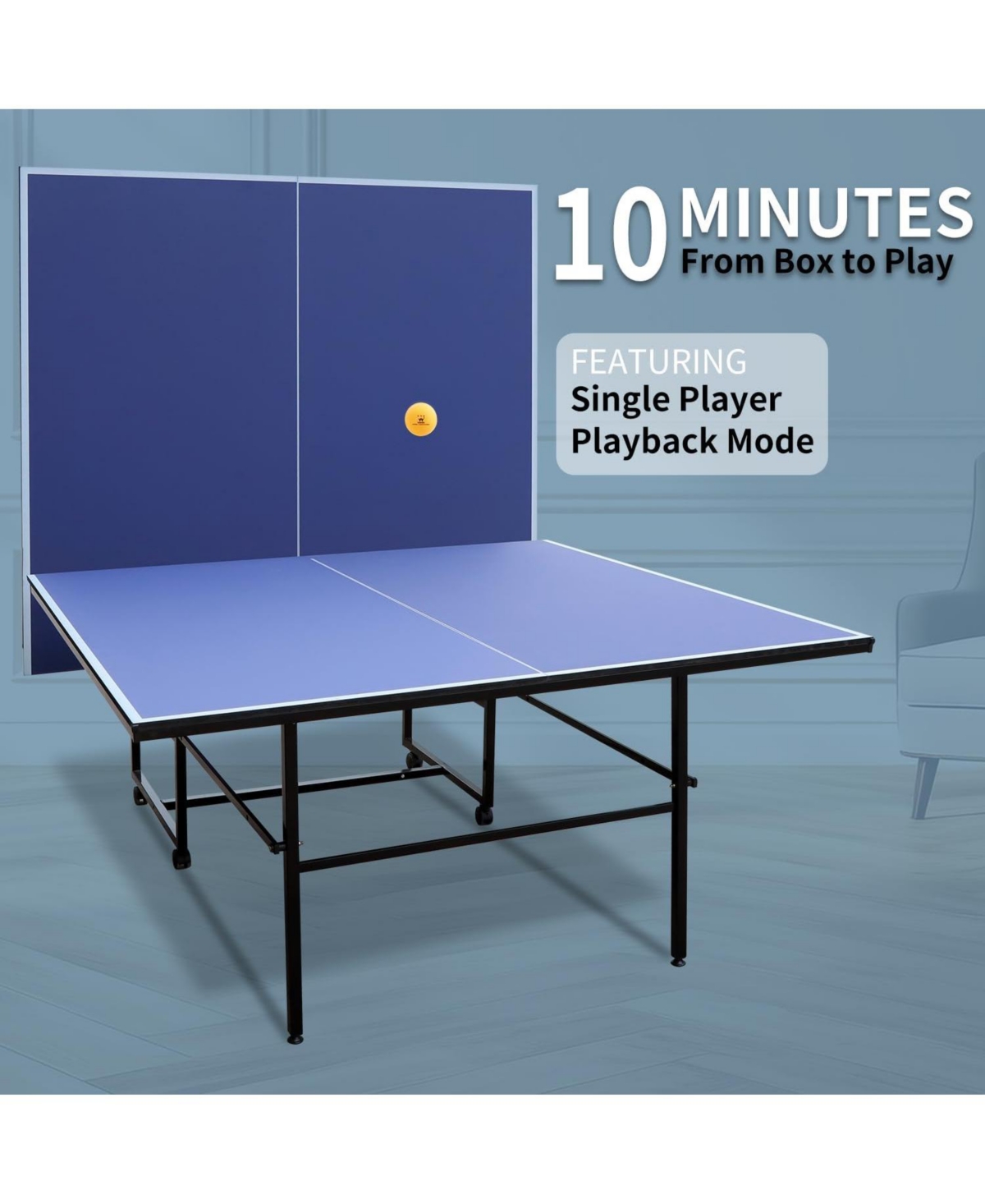 Xo 9FT Outdoor Table Tennis Table, Full Size Foldable Ping Pong Table with Wheels, Net and Playback Mode for Family Game