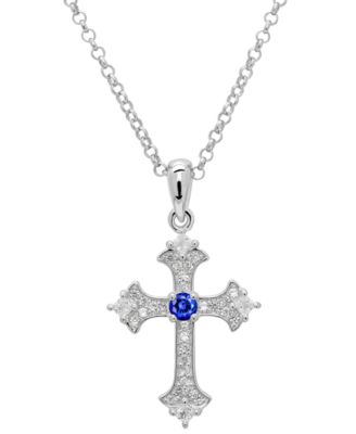 Lab-Grown Blue & White Sapphire (0.36 ct. t.w.) Vintage Cross Pendant Necklace in Sterling Silver (Also Available in Lab-Grown Ruby)