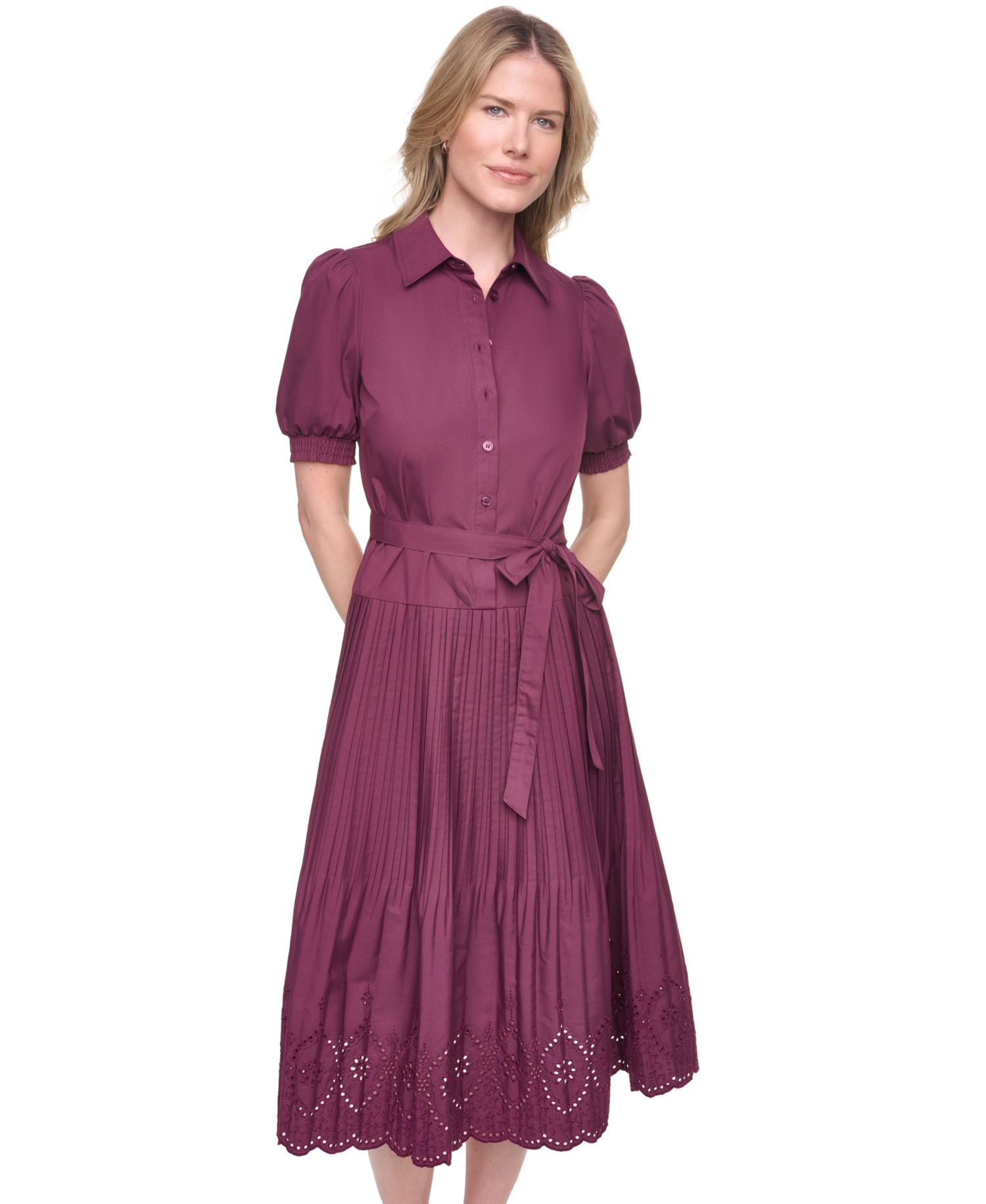 Women's Puff Short-Sleeve Drop Waist Shirt Dress