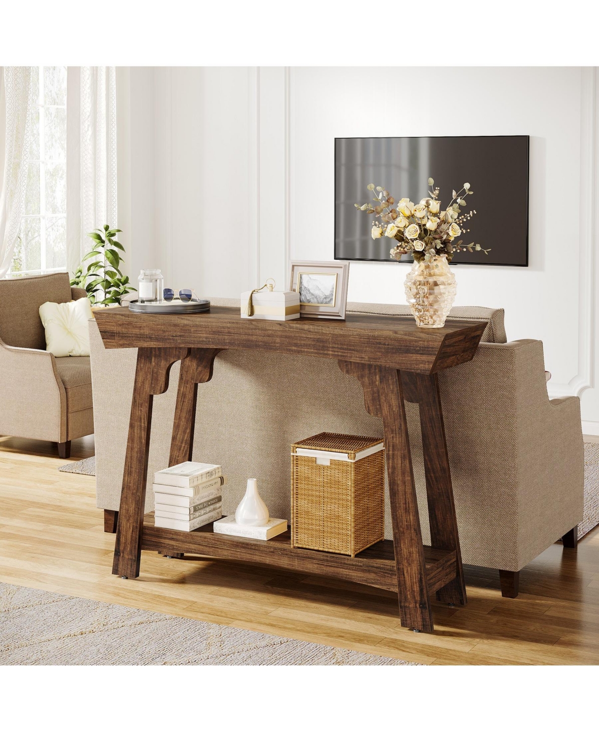 Slickblue Farmhouse 2-Tier Console Table with Storage Shelf