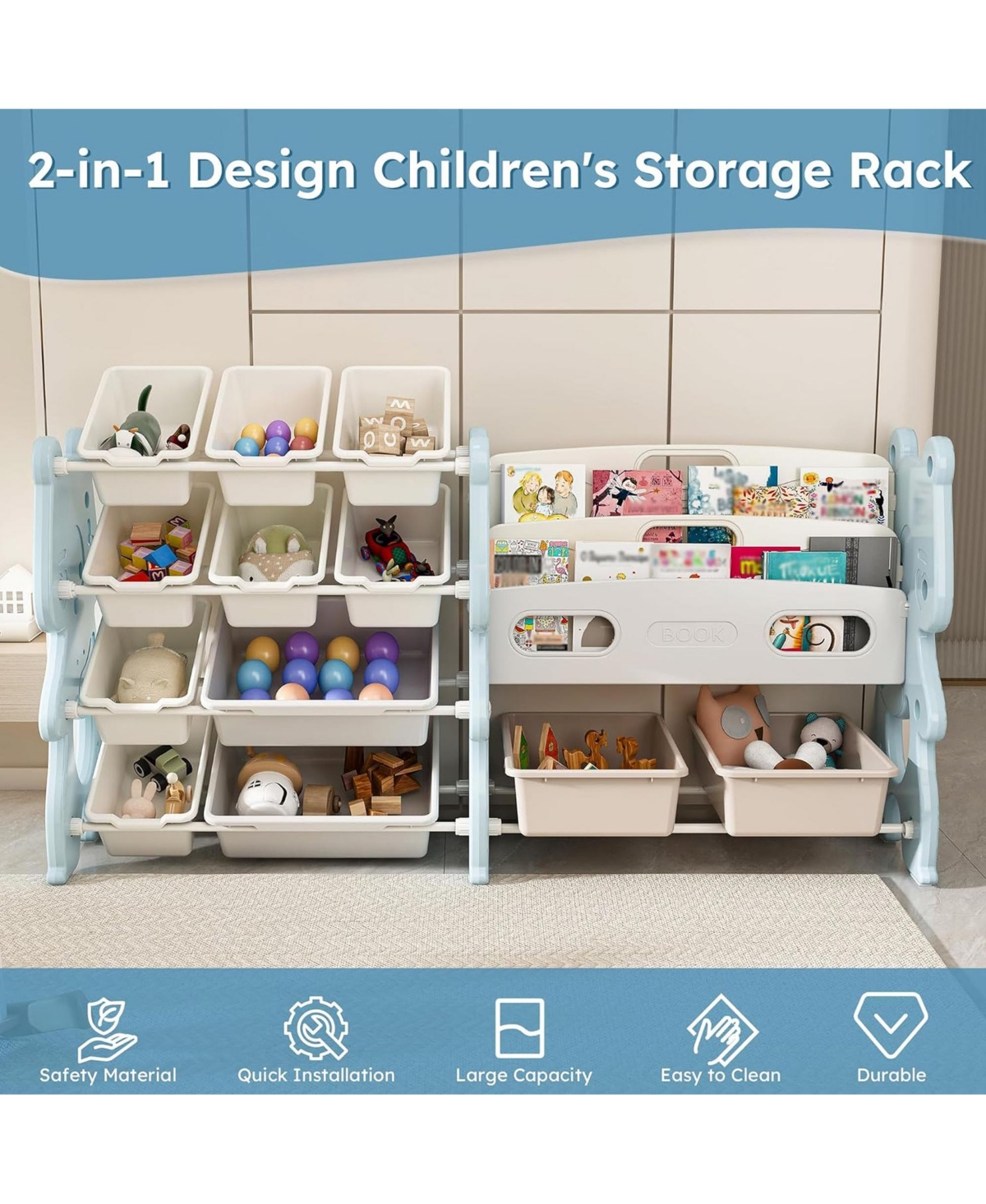 Rainsken Kids Bookshelf, Toy Storage Organizer with 12 Toy Bins and 2 Tier Display Rack for Playroom, Bedroom