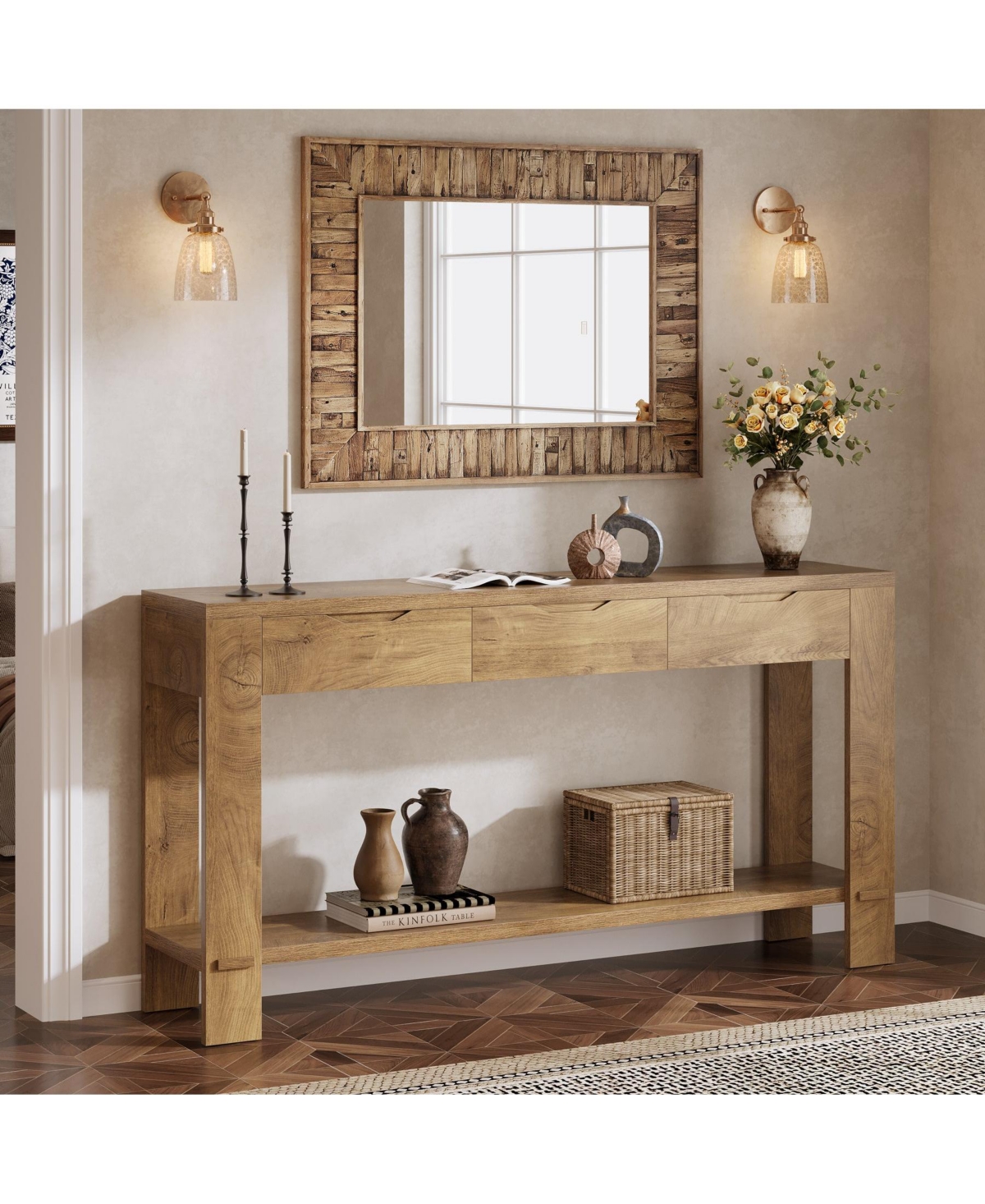 Slickblue Farmhouse Entryway Console Table with 3 Drawers, Narrow Design