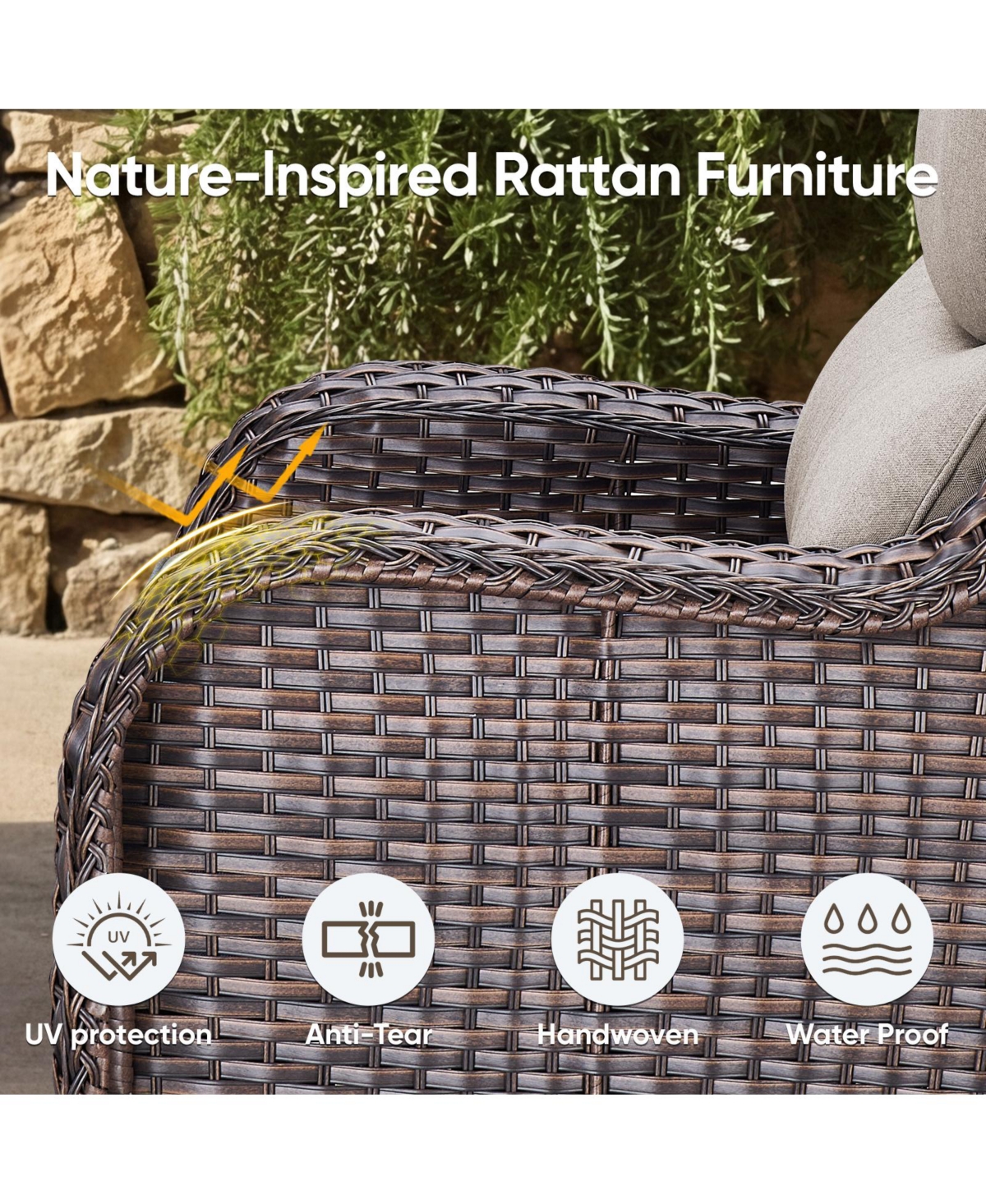 Pocassy 4 Pieces Patio Furniture Set with Fire Pit High Back Outdoor 5-inch Cushions Wicker Swivel Rocker Chairs