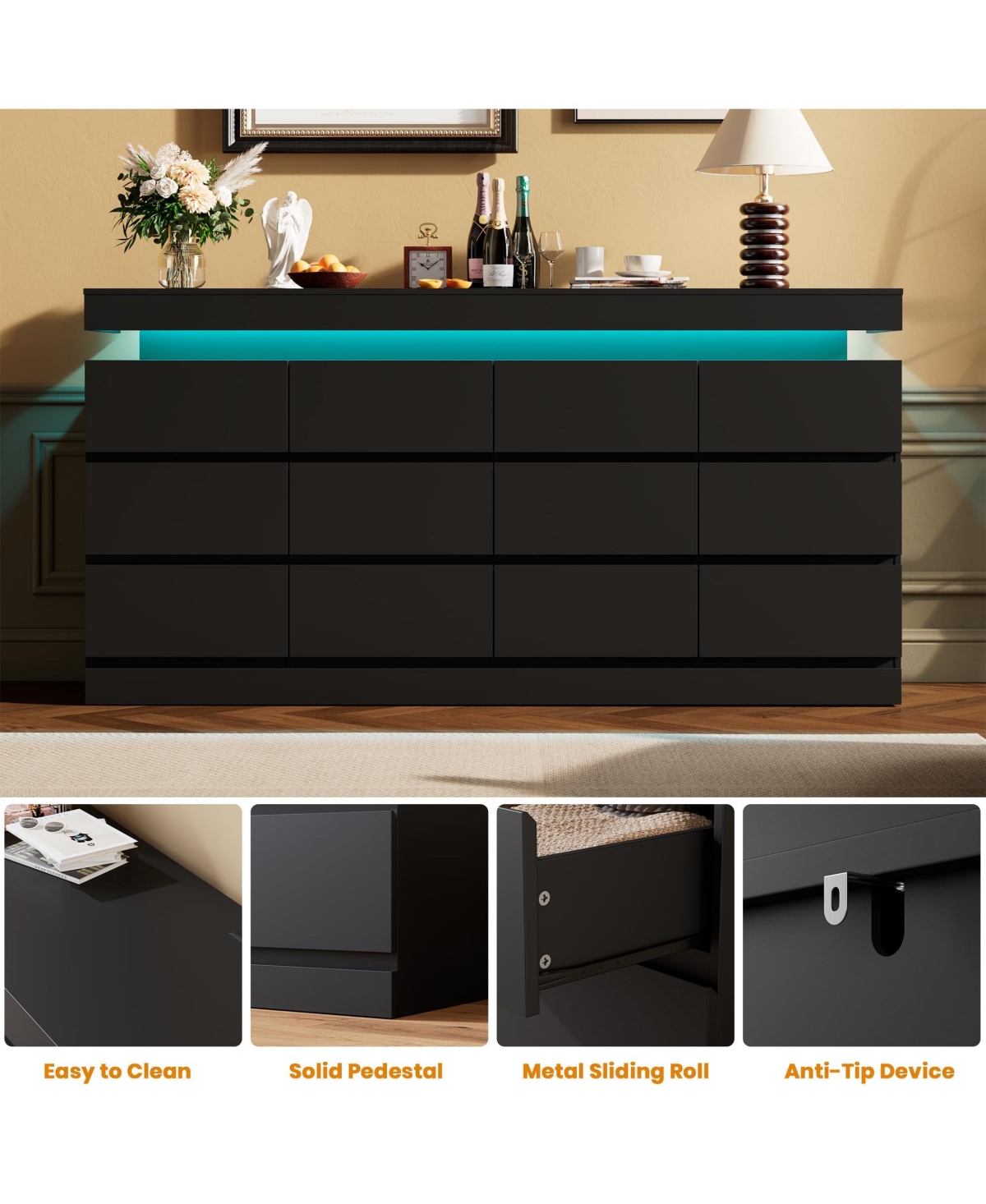 homfan 63" 12-Drawer Dresser with Led Light and Charging Station, Storage Chest for Bedroom Living Room