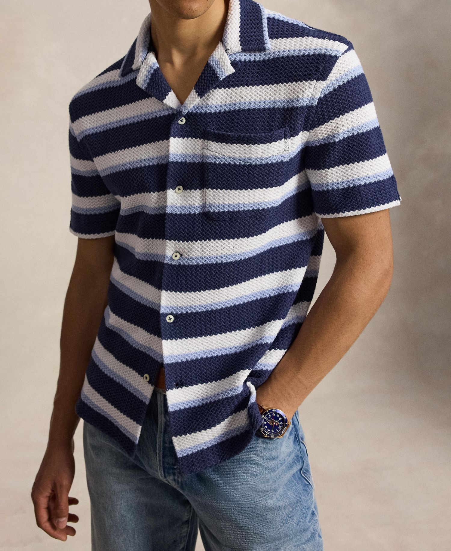 Men's Striped Herringbone Camp Shirt