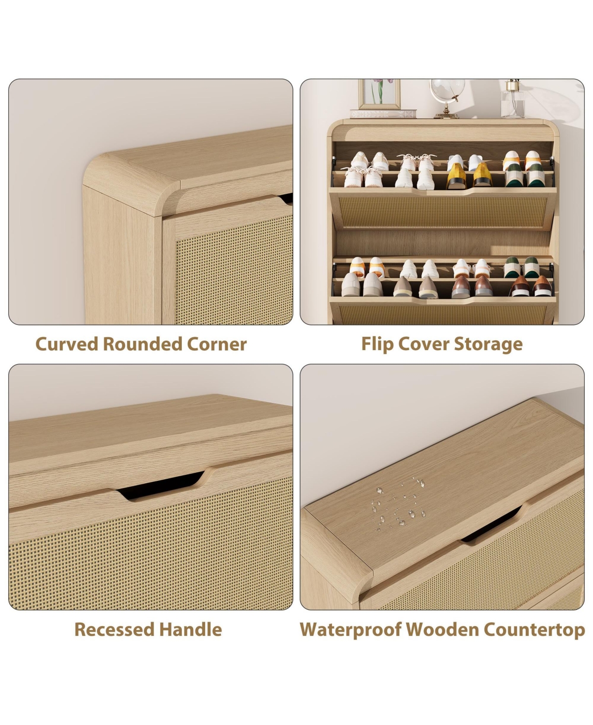 homfan Rattan Shoe Cabinet with 3 Flip Drawers, Slim and Narrow Wood Storage for Entryway, Adjustable Removable Shelves, Boho Hallway Organizer