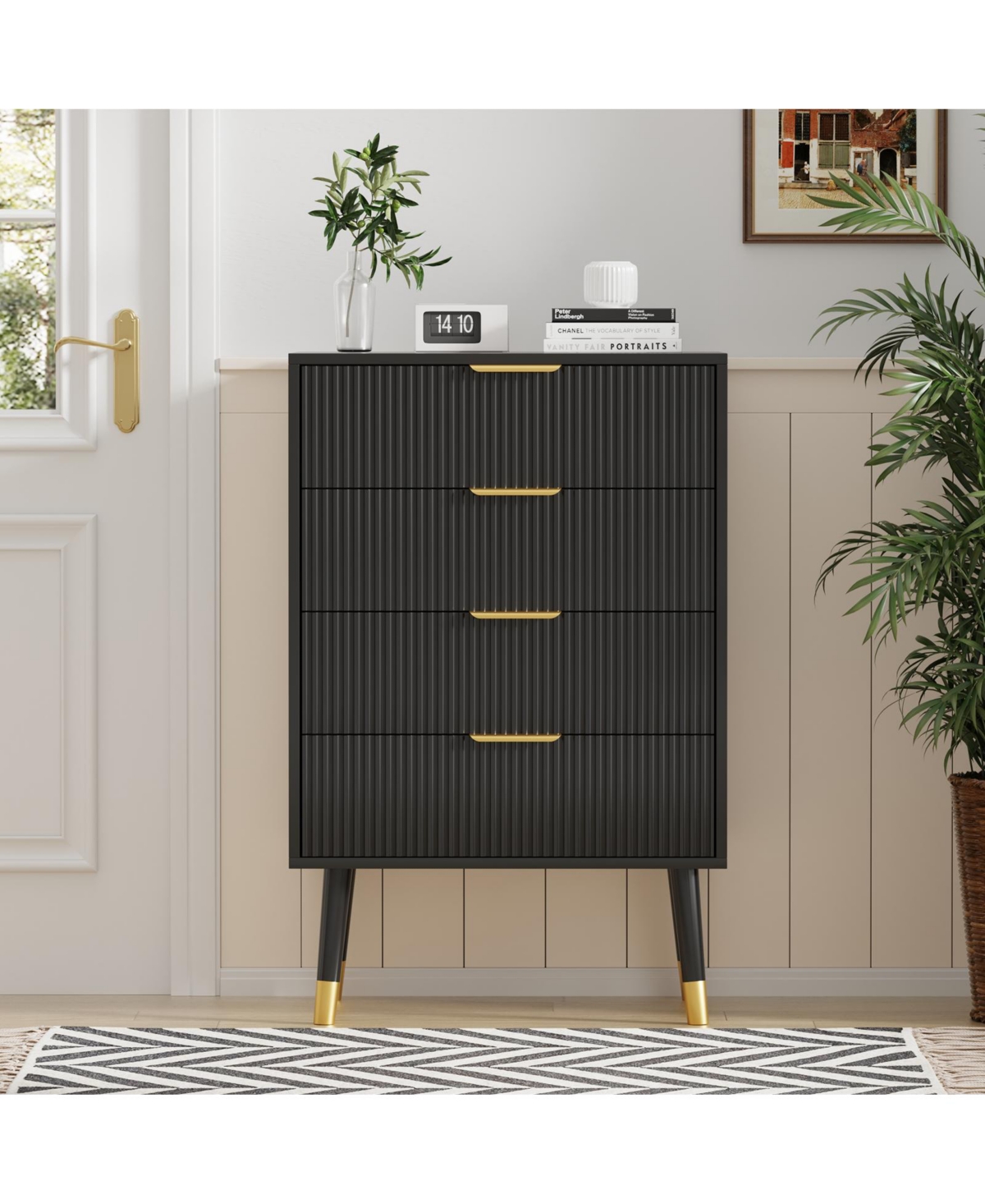 homfan Fluted 4-Drawer Dresser with Metal Handles, Tall Nightstand Cabinet for Bedroom, Living Room, Hallway, Entryway
