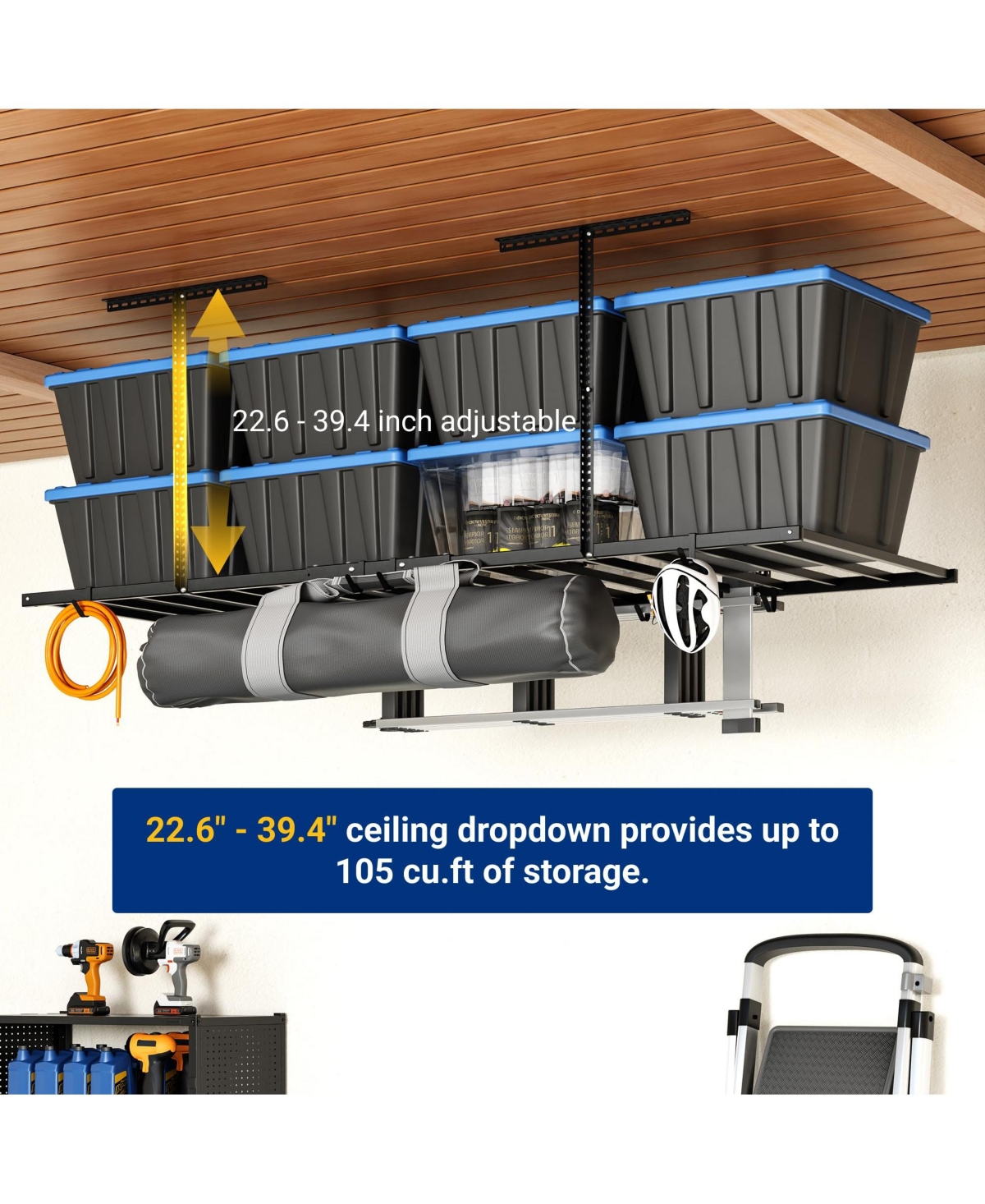 Fleximounts 4x8ft Overhead Garage Storage Rack with 6 Hooks, 22.6" -39.4" Ceiling Dropdown, Lite Series