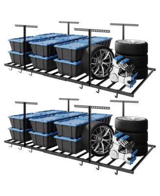 2 Pack 4x8ft Overhead Garage Storage Rack with 6 Hooks, 22.6" -39.4" Ceiling Dropdown, Lite Series