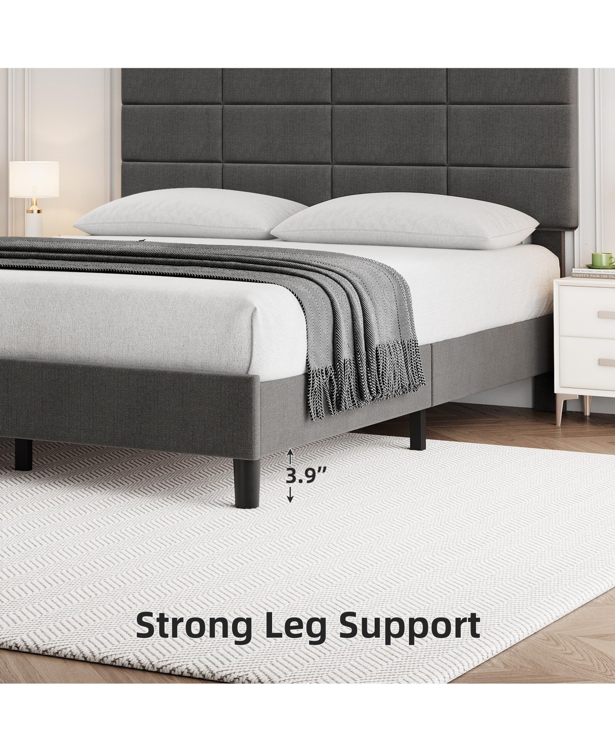 homfan Linen Upholstered Platform Bed Frame with Adjustable Headboard, Wood Slat Support, Quiet Design