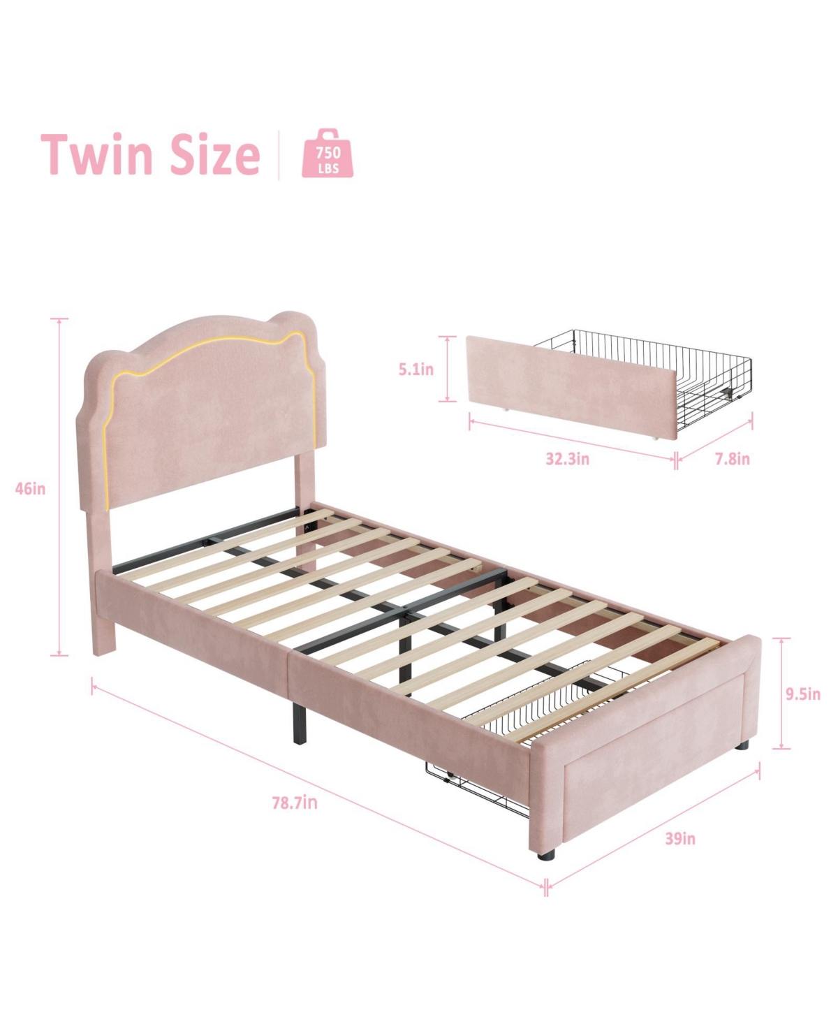 homfan Upholstered Twin Platform Bed with Bear-Shaped Headboard, Rgb Led Lights, Storage Drawer, Soft Fabric, Wooden Slats