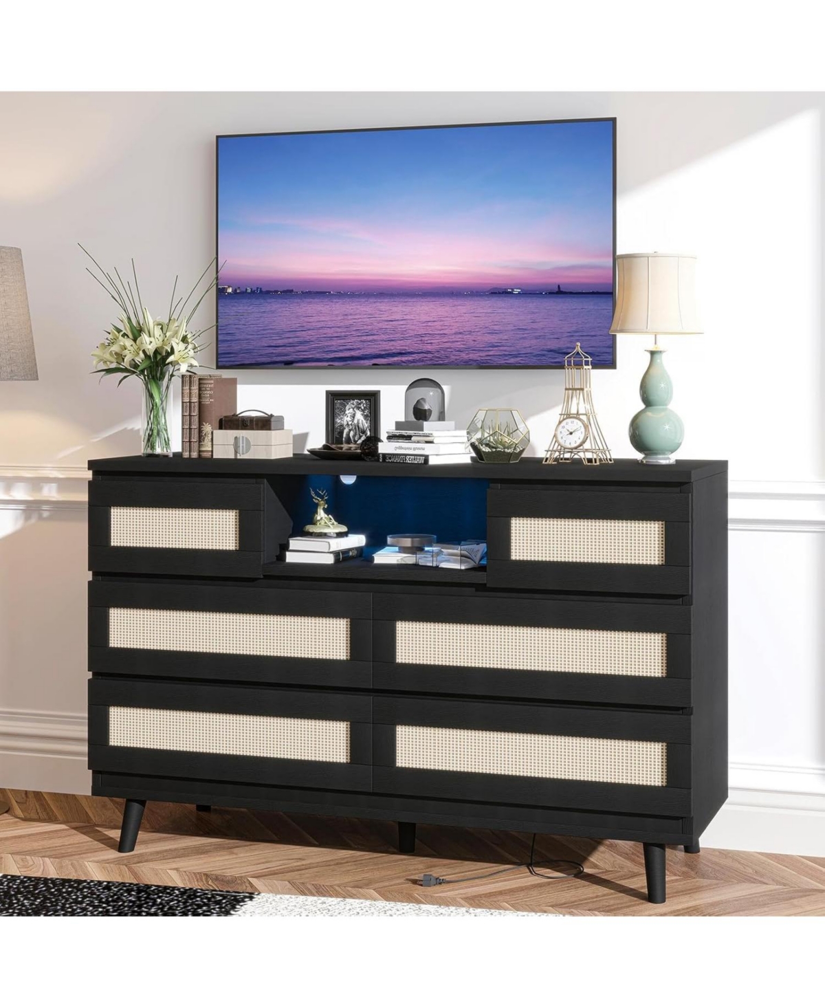 homfan Rattan 6-Drawer Dresser with Led Lights and Charging Station, 47 Wide Storage Cabinet for Bedroom, Living Room, Entryway