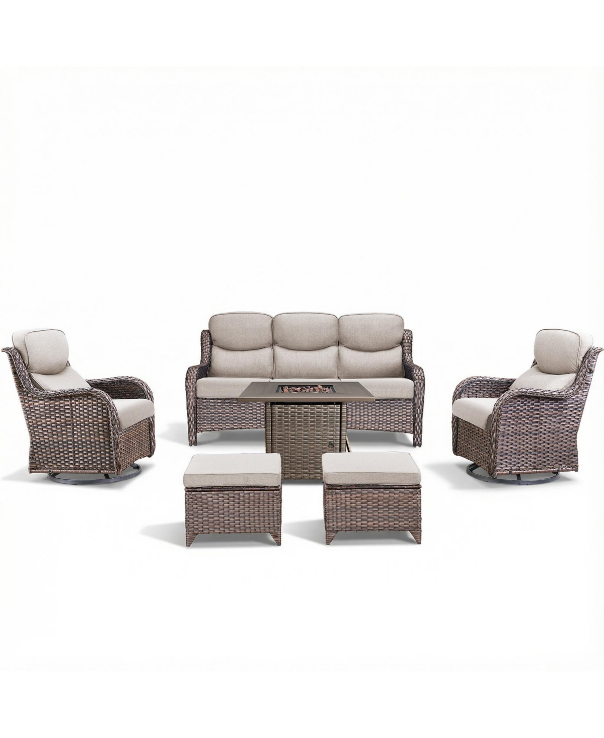 Pocassy Patio Furniture Set with Fire Pit Table-6 Piece All Weather Wicker Outdoor High Back Swivel Chairs Couch