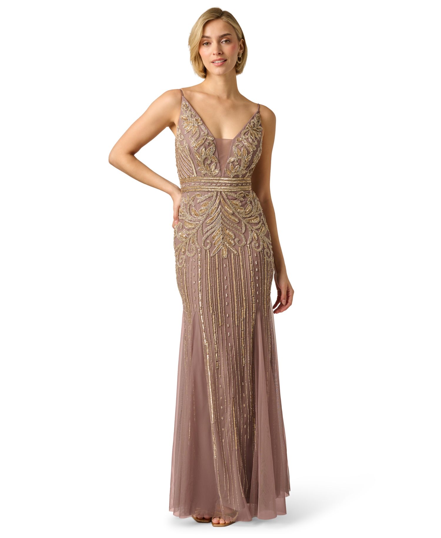 Women's Sleeveless V-Neck Beaded Ball Gown