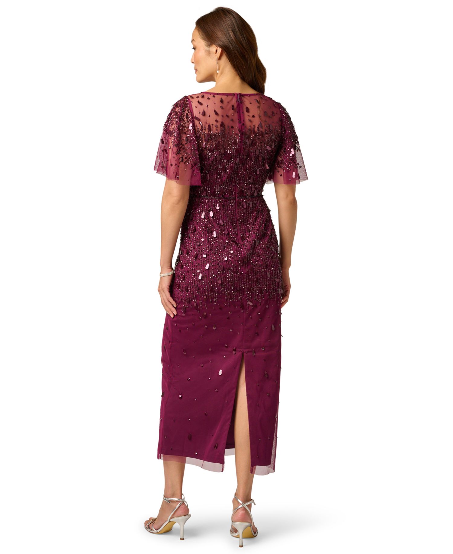 Petite Beaded Mesh Flutter-Sleeve Dress