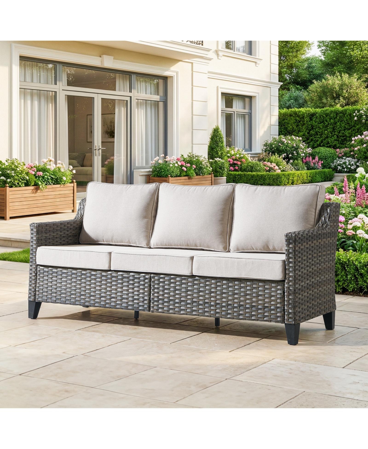Pocassy Outdoor Couch Patio Furniture - Wicker Sofa 3-Seat Rattan Gray with Wide Armest and Olefin Cushions