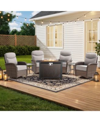 7Pieces Patio Rocking Swivel Chair with 50,000 BTU Fire Pit Table Outdoor Wicker Rattan Bistro Set with Tempered Glass Side Tables