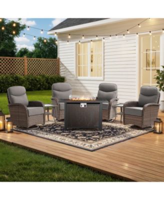 7Pieces Patio Rocking Swivel Chair with 50,000 BTU Fire Pit Table Outdoor Wicker Rattan Bistro Set with Tempered Glass Side Tables