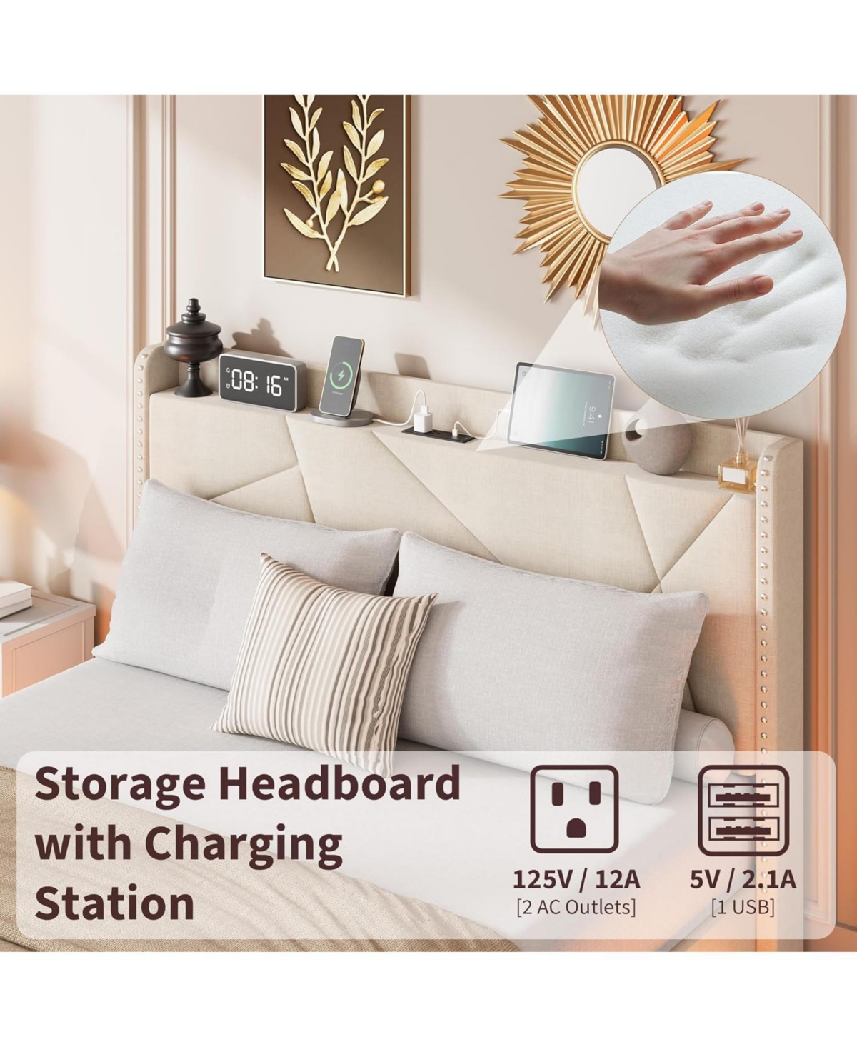 homfan Modern Floating Upholstered Platform Bed with Led Lights, Charging Station, Storage Headboard, Folding Shelves