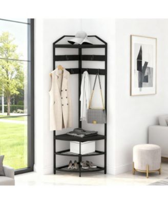 Corner Coat Rack with Mesh Shoe Storage, Hall Tree, Anti-Toppling Metal Organizer for Entryway and Living Room