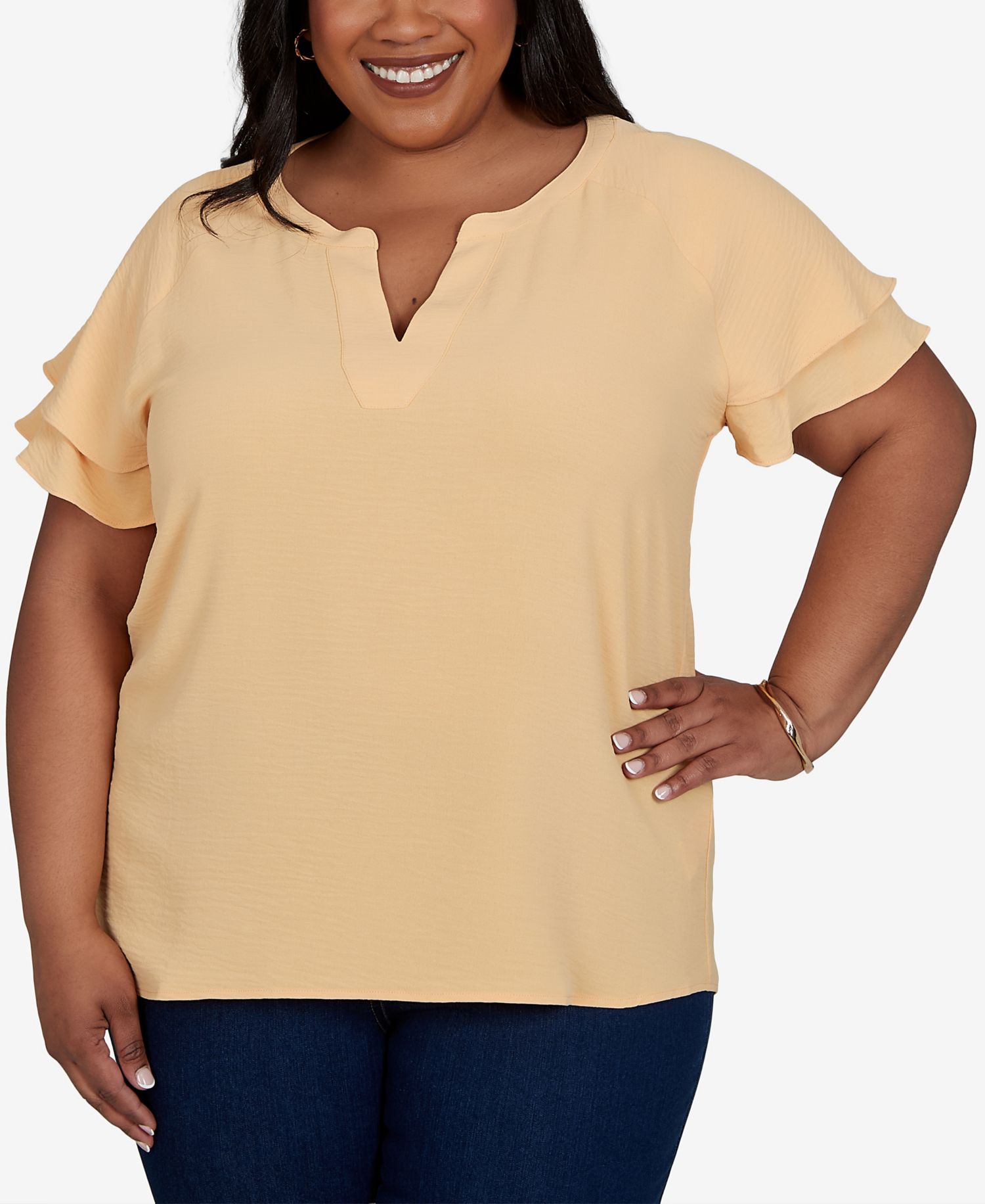 Plus Size Solid Crinkle Double Flutter-Sleeve Top