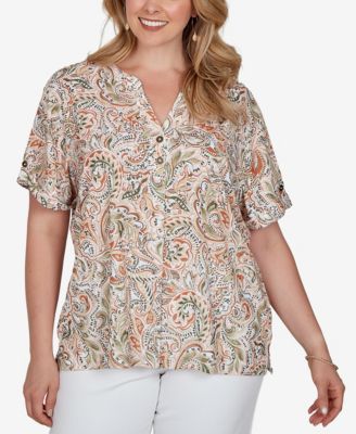 Plus Size Printed Double-Button Slub Top