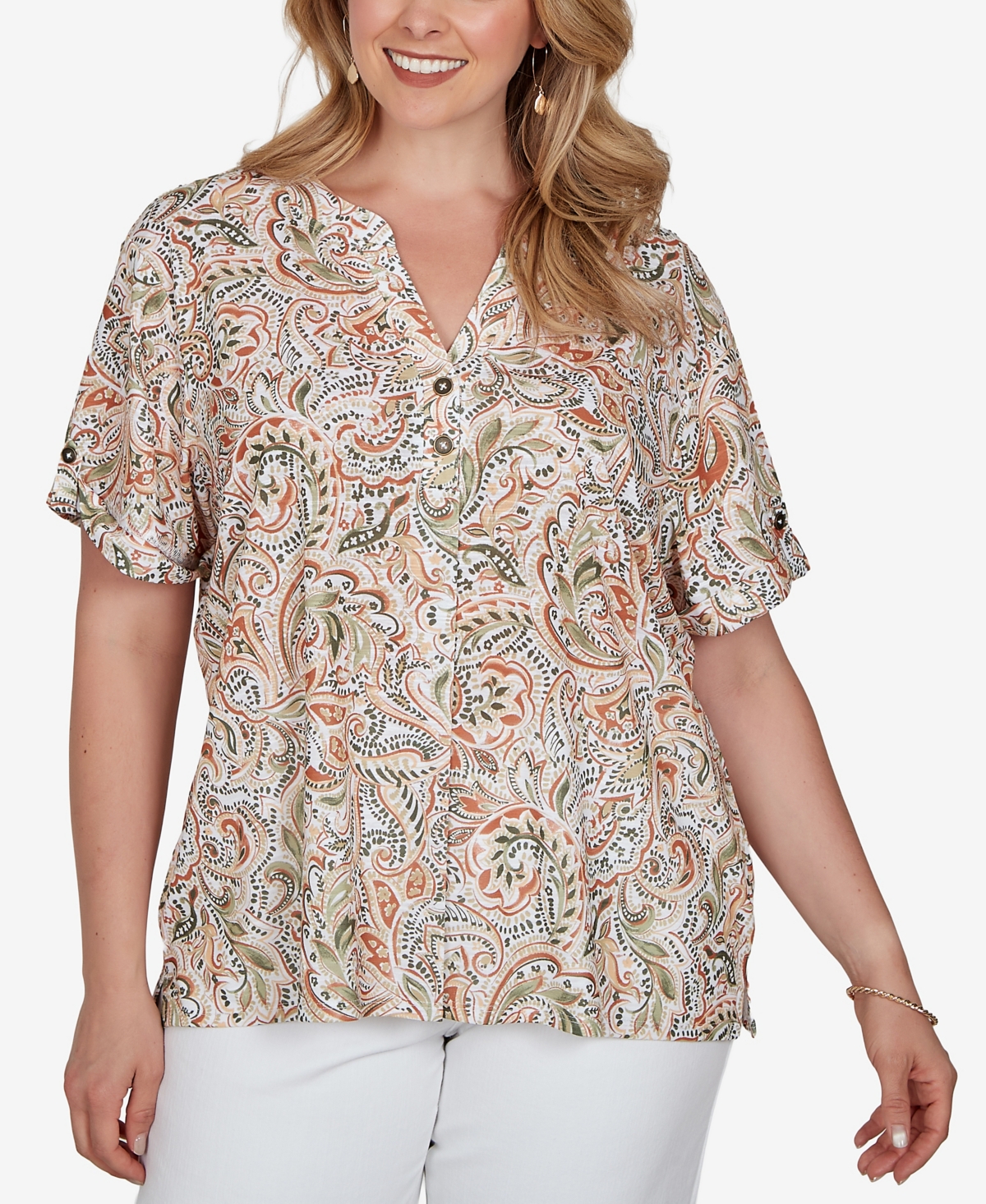 Hearts Of Palm Plus Printed Double-Button Slub Top