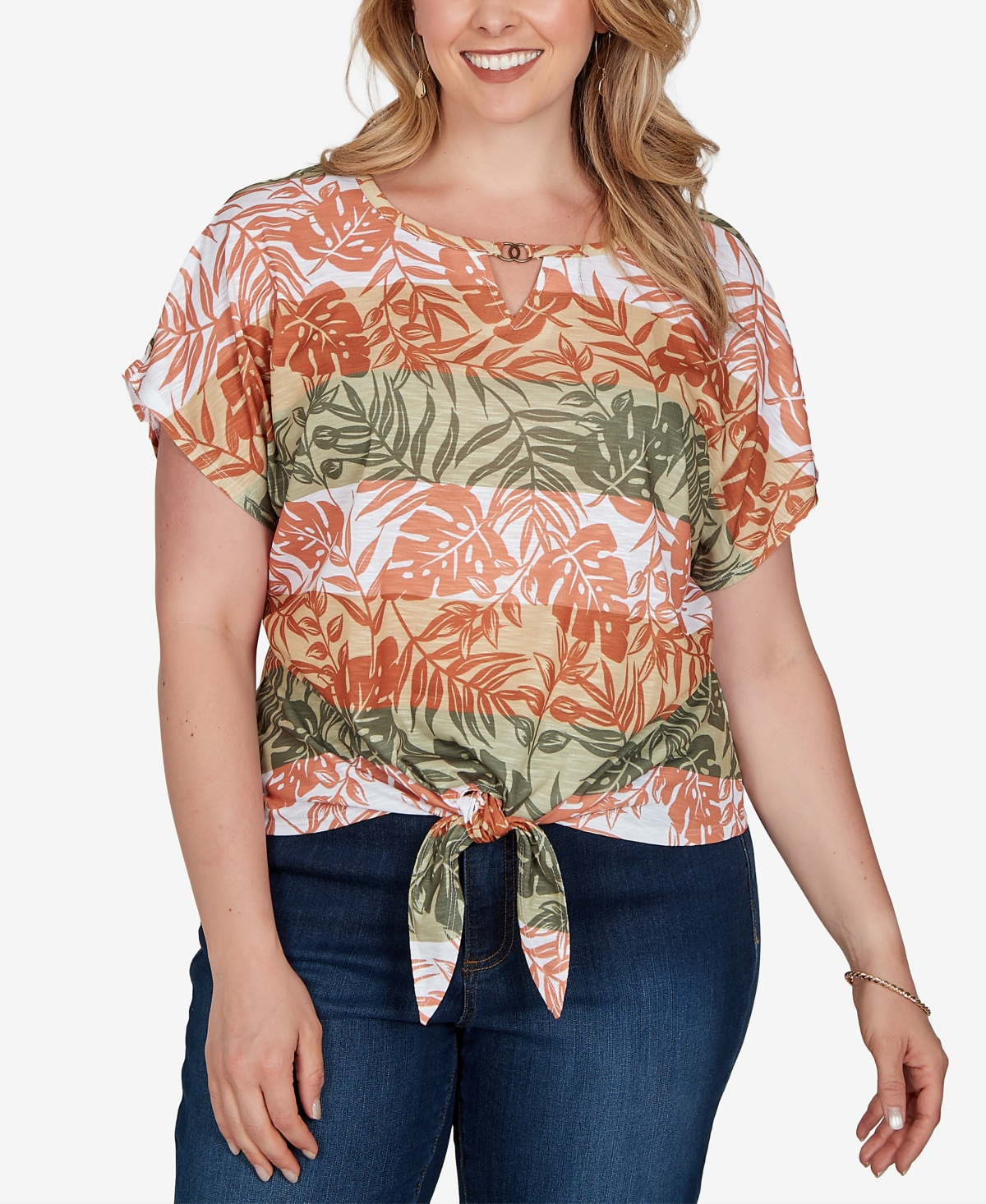 Hearts Of Palm Plus Printed Knit Tie-Front Top