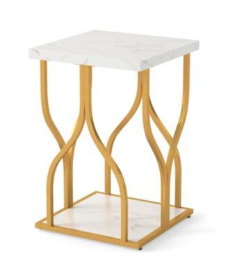 Faux Marble Nightstand With Stylish Petal Metal Base