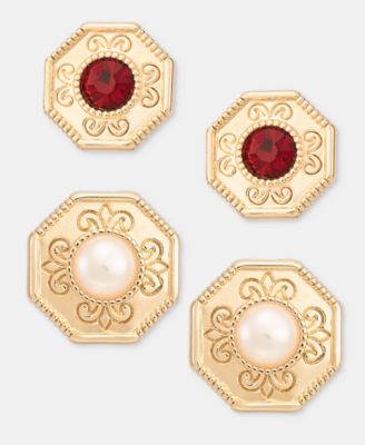 Glass and Faux Pearl Stud Earrings, Set of Two