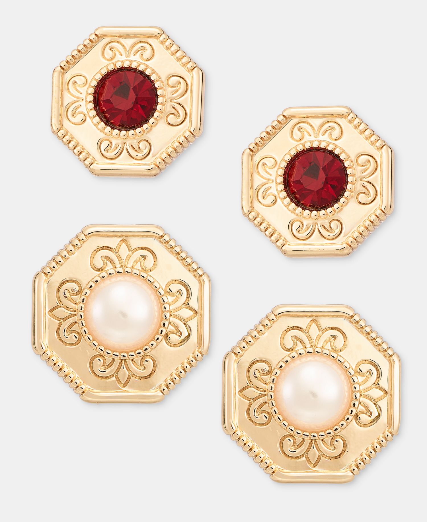 Glass and Faux Pearl Stud Earrings, Set of Two