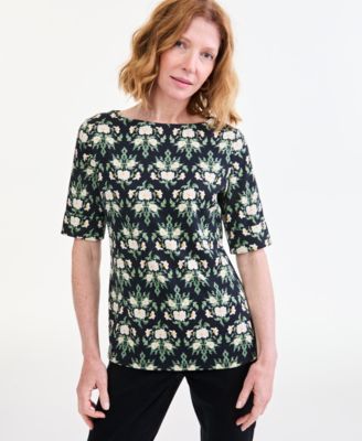 Women's Elbow Painted Floral Boat Neck T-Shirt