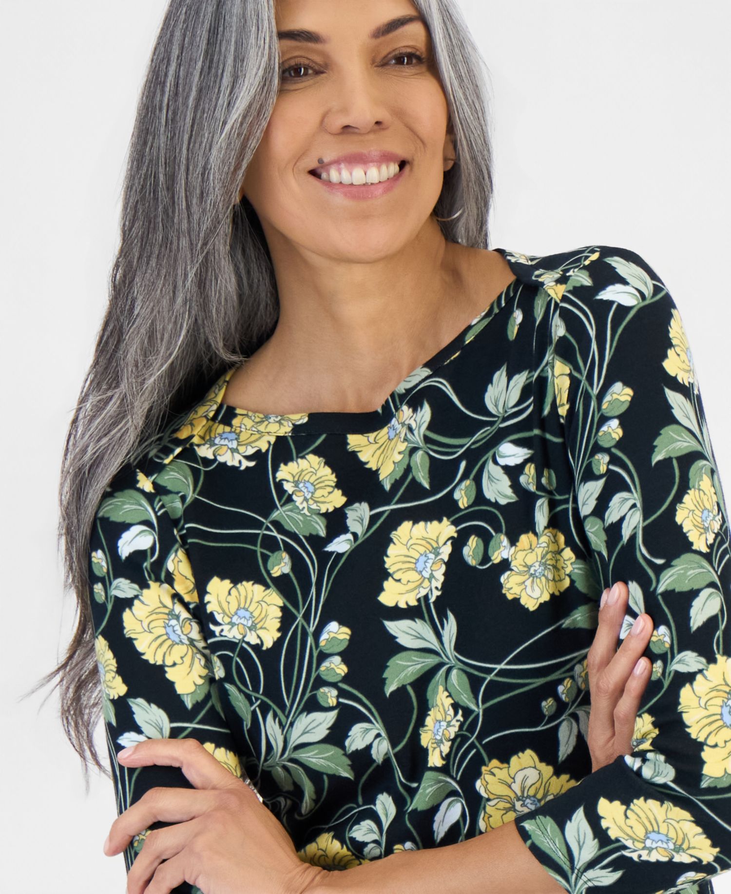 Petite Printed Pima Cotton 3/4-Sleeve Boat Neck Top