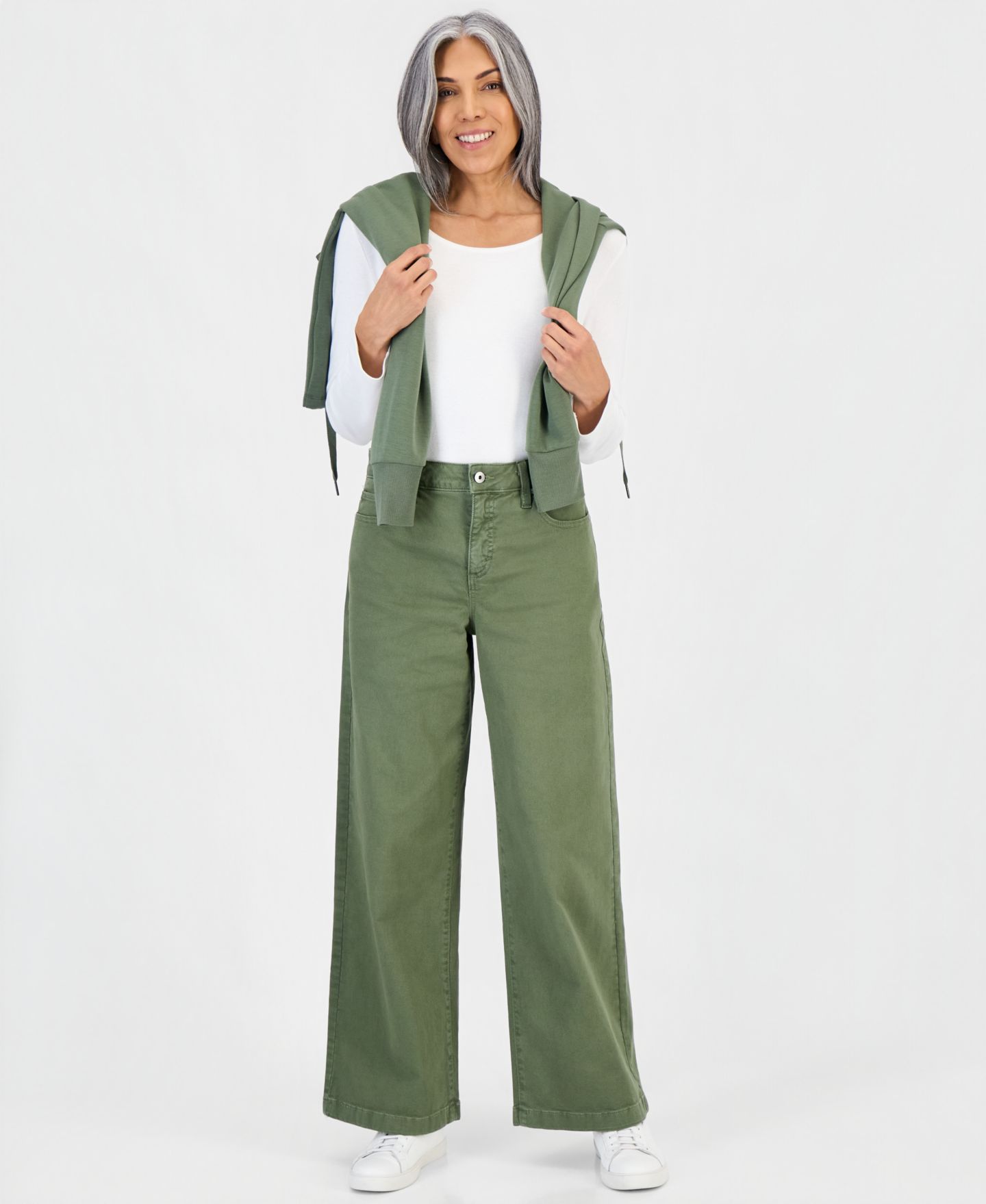 Женские брюки Style & Co High-Waist Wide-Leg Cotton-Blend, цвет: Зелёный — фото 1