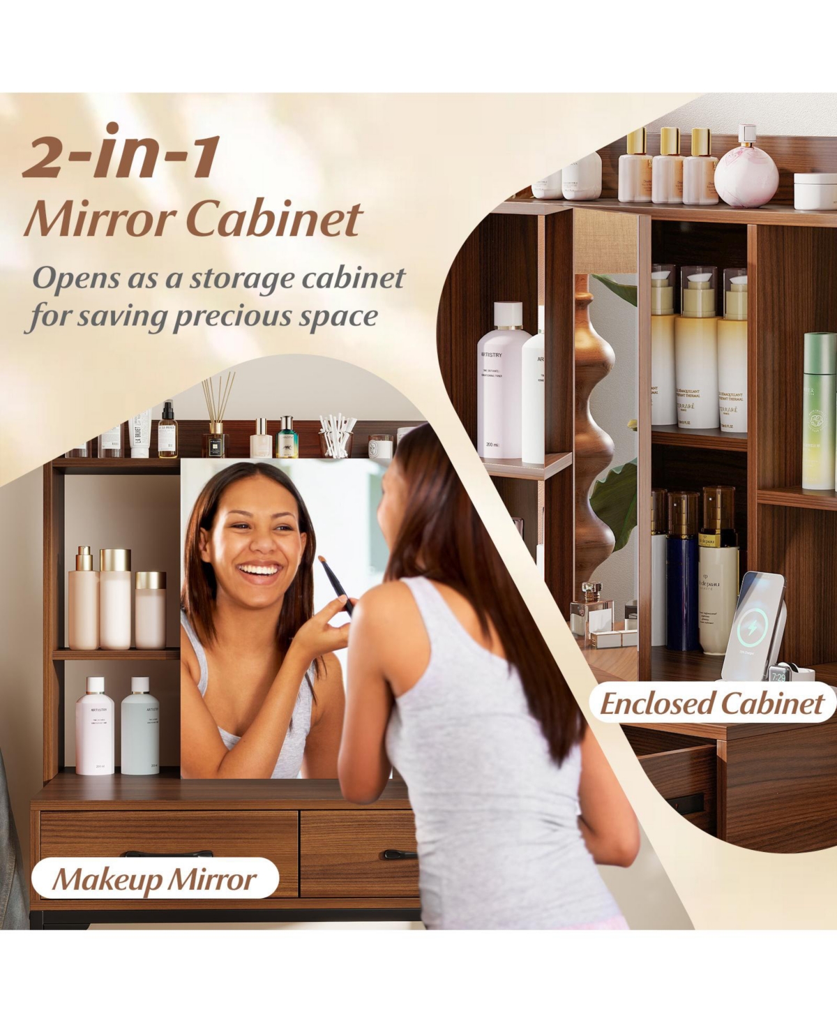 Slickblue Makeup Vanity Desk with Drawers, Built-In Charging Station, and Step Stool