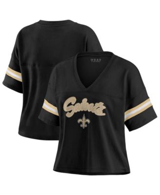 Women's Black New Orleans Saints Plus Size Color Block Boxy V-Neck T-Shirt