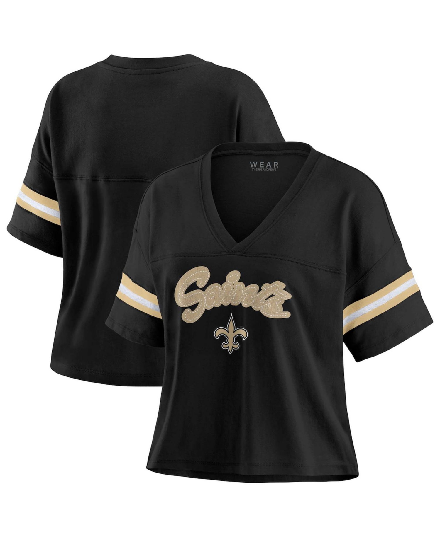 Women's Black New Orleans Saints Plus Size Color Block Boxy V-Neck T-Shirt