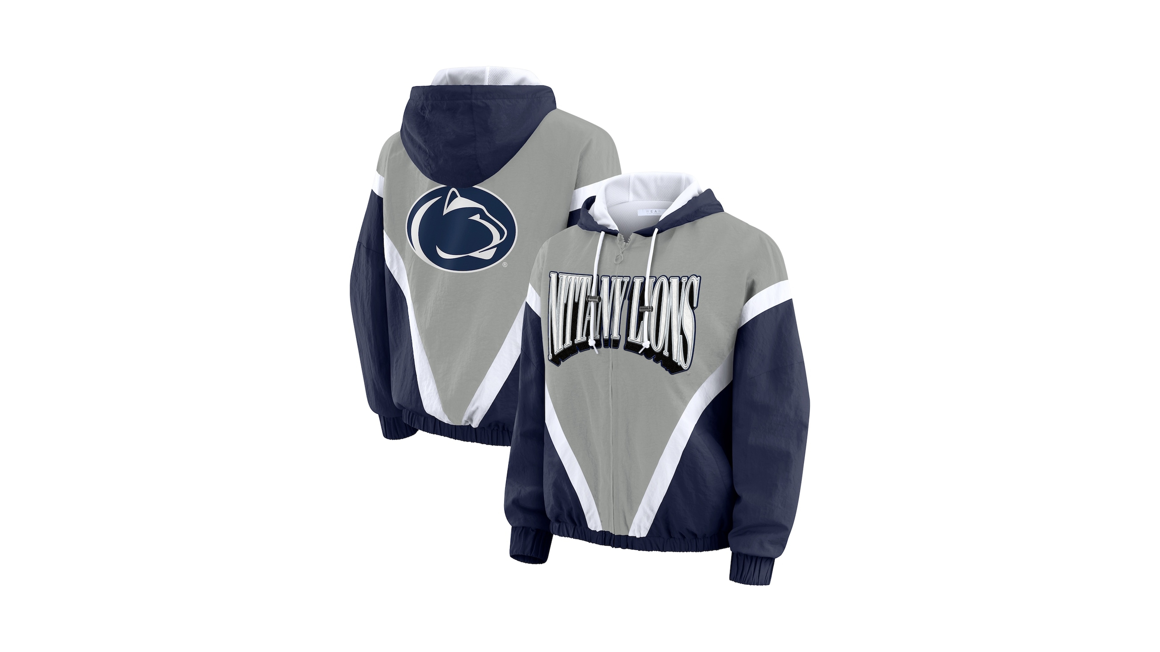 Wear by Erin Andrews Women's Navy/Gray Penn State Nittany Lions Color block Full-Zip Hoodie Windbreaker Jacket