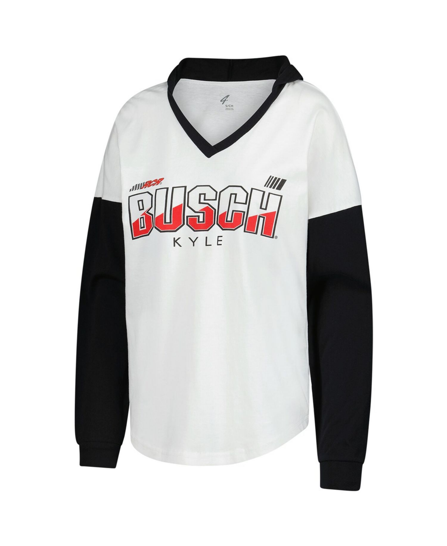 Women's White/Black Kyle Busch Bench Player Oversized Long Sleeve Hoodie V-Neck T-Shirt