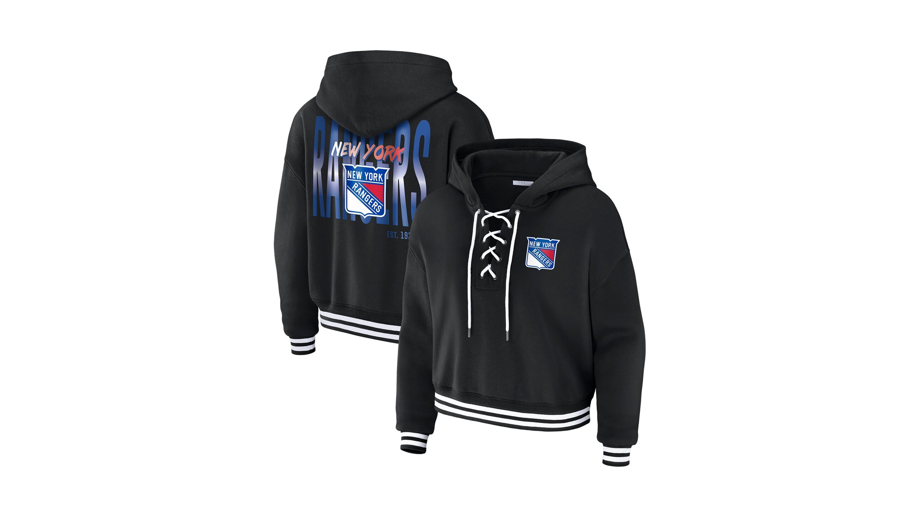 Wear by Erin Andrews Women's Black New York Rangers Cropped Lace-Up Hoodie