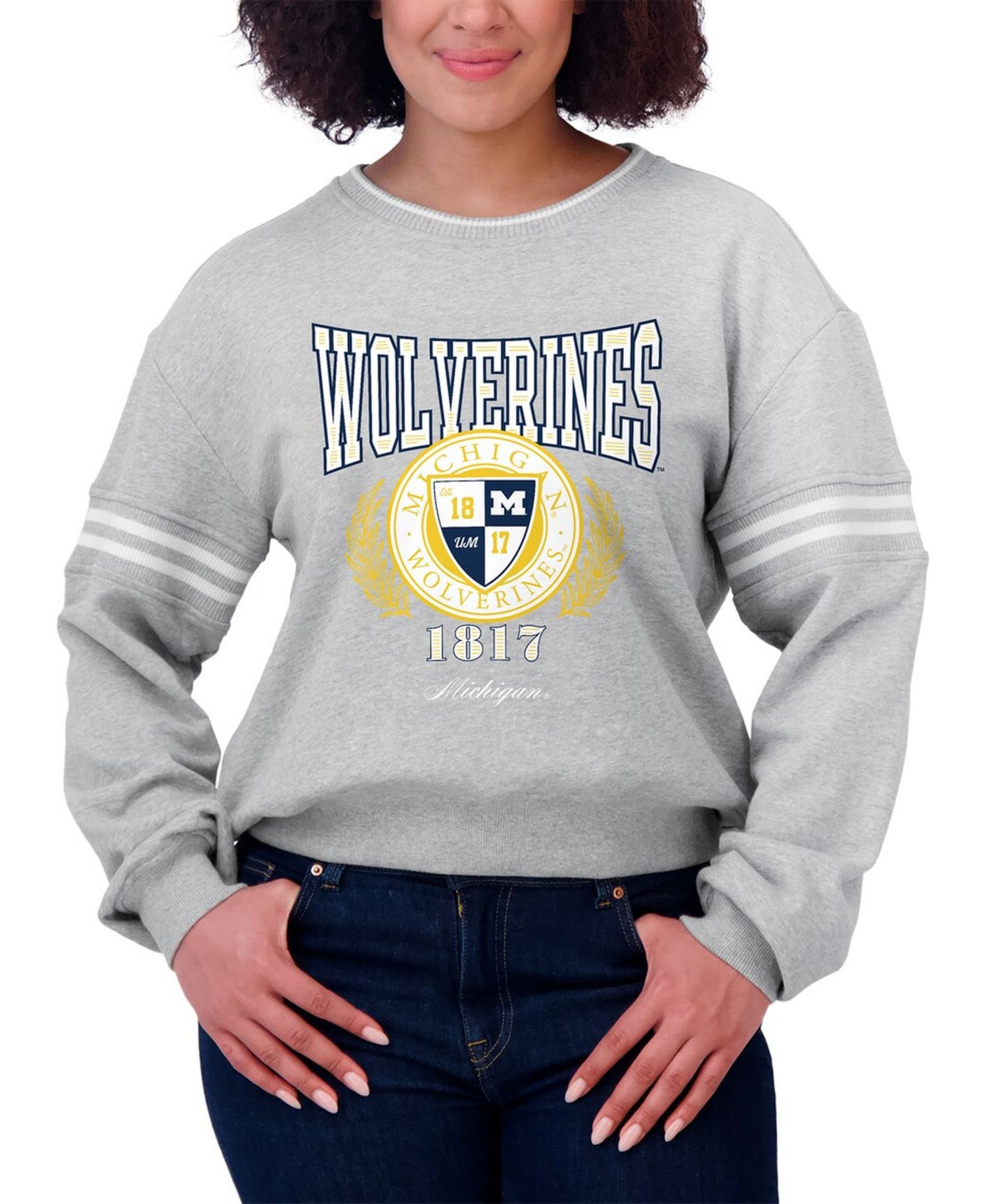 Women's Heather Gray Michigan Wolverines Classic Stripe Pullover Sweater