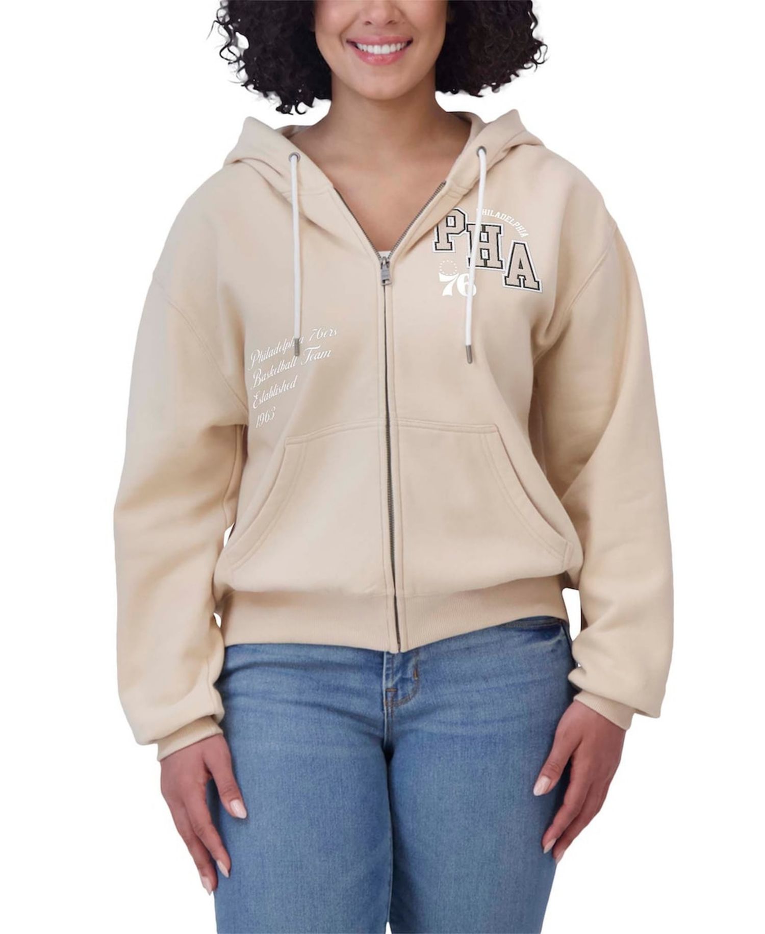 Women's Cream Philadelphia 76ers Plus Size Tonal Felt Patch Full-Zip Hoodie