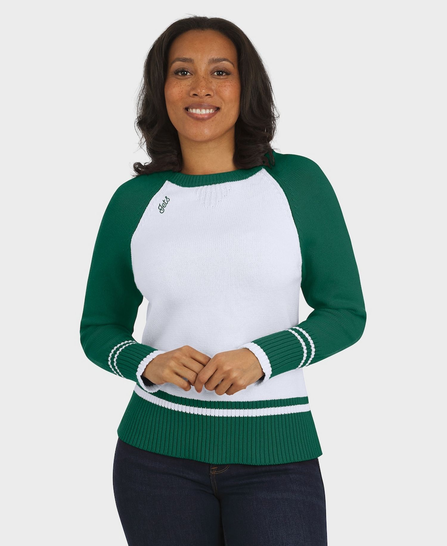 Women's White/Green New York Jets Color block Raglan Sweater