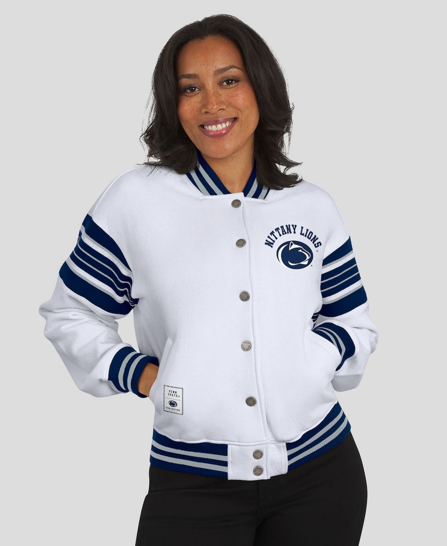 Women's White/Navy Penn State Nittany Lions Satin Stitch Full-Snap Fleece Sweatshirt Jacket