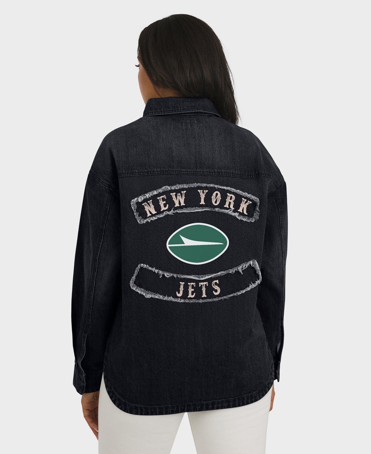 Wear by Erin Andrews Women's Black New York Jets Washed Oversized Denim Full-Snap Shacket