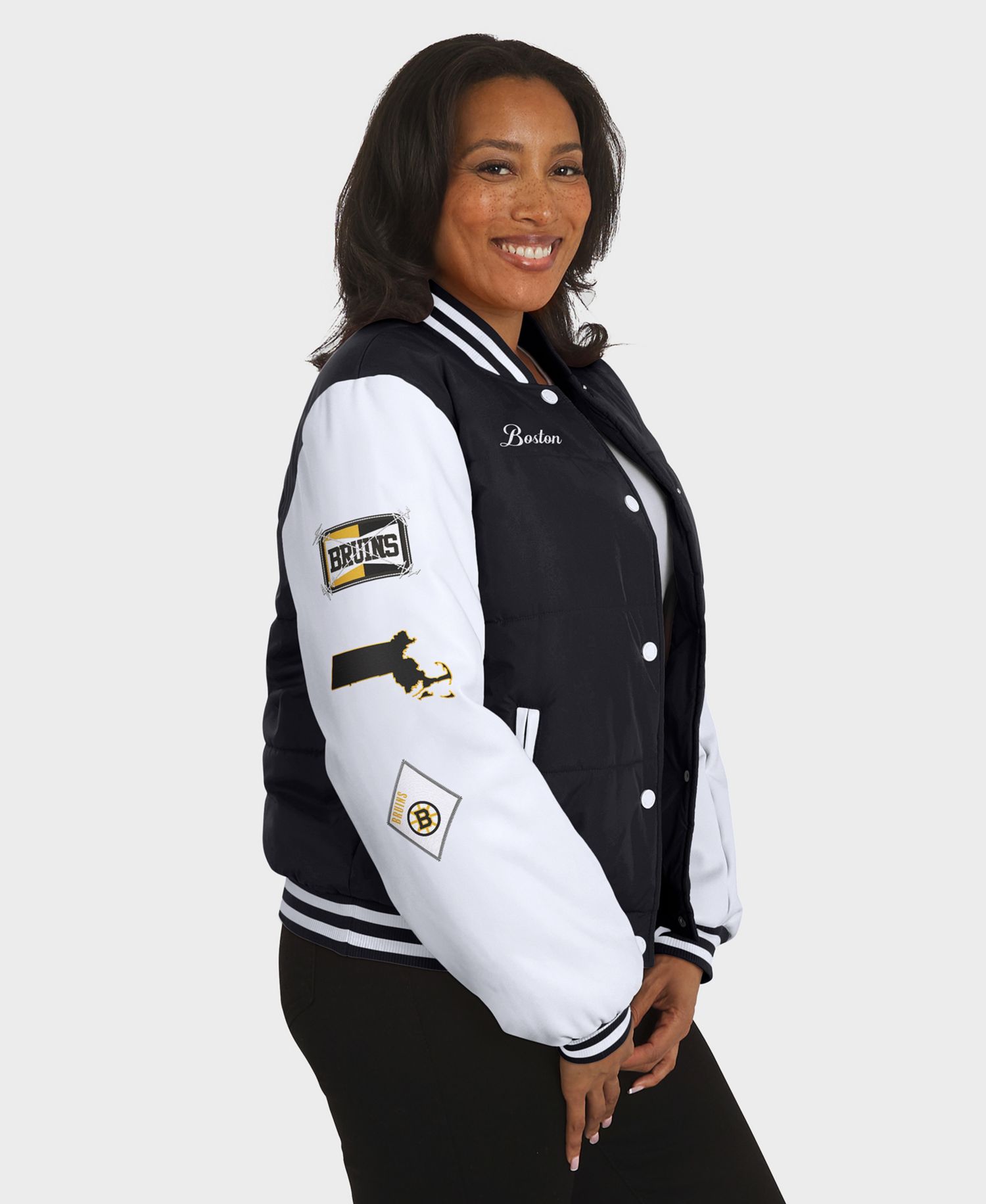 Women's Black/White Boston Bruins Varsity Full-Snap Puffer Jacket